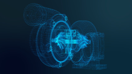 Turbine. Parts for cars background. Power gain impeller. 3d rendering.