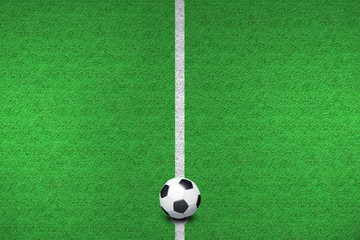 grass football pitch with traditional black and white ball in center to play soccer game aerial top down view. Sport stadium playing area background. Green lawn copy space design template