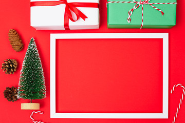 Happy New Year and Christmas 2020 day, top view Xmas white gift boxes & fir tree