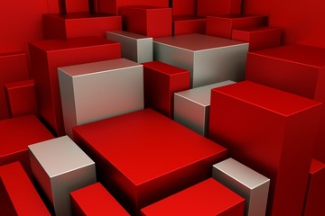 Abstract 3D rendering background wall with realistic red cubes. Banner design background. Items placed background.