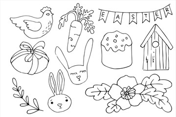 Easter traditional symbols collection - egg, bunny, willow twigs, flower, Christian church, egg decorating. Vector drawings set isolated on white background.