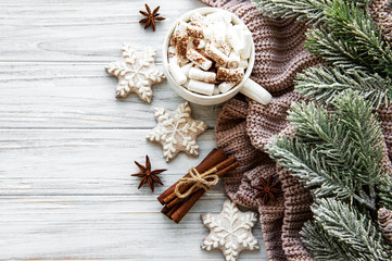 Christmas composition with cup of hot chocolate and decorations
