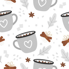 Vector cacao seamless pattern. Winter traditional warming drink repeating background. Holiday hot beverage with sugar, marshmallow, cinnamon.