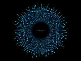 Abstract vector explosion lines equalizer pattern circle shape in blue green color isolated on black background in concept of music, technology, science, digital, AI