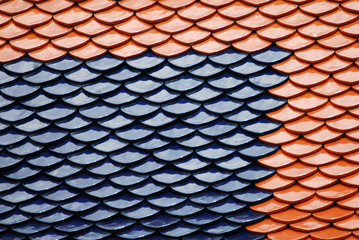 Abstract scene of Red and Blue earthenware tiles or calls tiles consists of fish scales on the roof of temple bangkok thailand - Red and blue separate different concept
