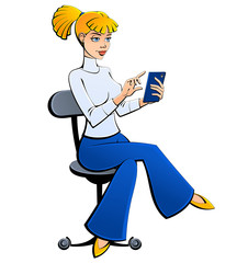 A girl sits in an office chair and calls on her cell phone. Cartoon style, comic book.