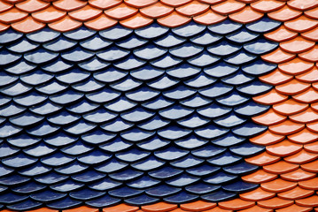 Abstract scene of Brown and Blue earthenware tiles or calls tiles consists of fish scales on the roof of temple bangkok thailand