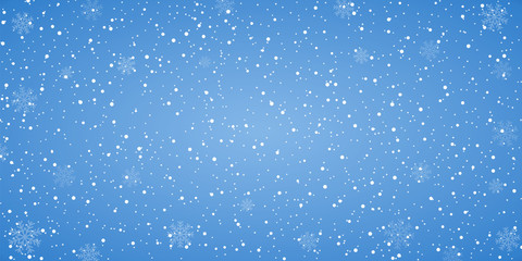 Snow blue background. Christmas snowy winter design. White falling snowflakes, abstract landscape. Cold weather effect. Magic nature fantasy snowfall texture decoration Vector illustration