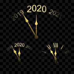 Happy New year 2020. Gold clock, arrows, isolated black transparent background. Golden design holiday banner, Christmas celebration party, header poster. Template decoration card. Vector illustration