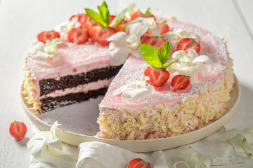 Sweet strawberry cake made of strawberries, sugar and mint