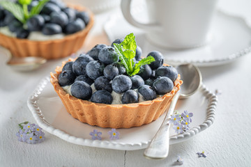 Tasty mini tart with fresh blueberries and mint