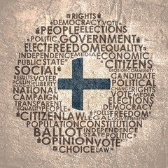 Words cloud relative for voting. Circle frame. Flag of the Finland