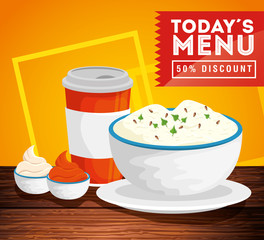 poster of today menu with fifty discount and delicious food vector illustration design