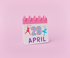 april 29, International dance Day date. cute minimal calendar isolated on pastel pink background. 3d rendering