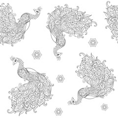 Peacock bird seamless pattern, background. Outline hand drawing vector illustration. Coloring page for the adult coloring book.