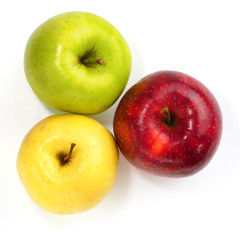 Apples green, yellow and red on a white background.