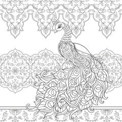 Peacock bird seamless pattern, background. Outline hand drawing vector illustration. Coloring page for the adult coloring book.