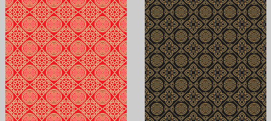 Wallpaper backgrounds in Chinese and Japanese style. Two Chinese art templates for your design: greeting cards, flyers, invitations, posters, brochures, banners. Seamless pattern. Vector graphics.