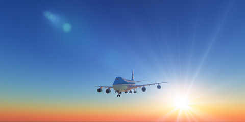 Obraz na płótnie Canvas airplane in sunset sky, 3d rendering