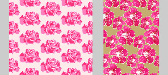 Background rose pattern for paper design. Textile design texture. Modern graphic illustration. Two wallpaper patterns for your design: cards, posters, gift wrapping. Vector art.