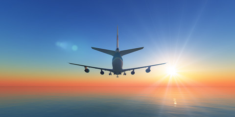 Naklejka na ściany i meble airplane in sunset sky, 3d rendering