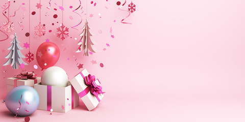 Winter abstract design creative concept, gift box, balloon, pine, spruce, fir tree art paper cut, hanging snow icon confetti glitter on pink background. Copy space text area. 3D illustration.