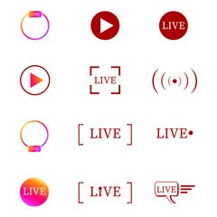 Live steam logo . Live video broadcast icon. Set of live streaming icons. Red symbols and buttons of live streaming, broadcasting, online stream.