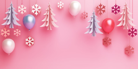 Winter abstract design creative concept, balloon, pine, spruce, fir tree art paper cut, hanging snow icon confetti glitter on pink background. Copy space text area. 3D rendering illustration.