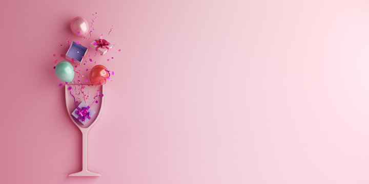 Happy New Year or birthday party design creative concept, drink glass, balloon, gift box, glittering confetti on pink background. Copy space text area, 3D rendering illustration.