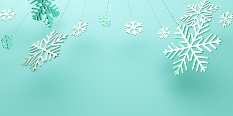 Fototapeta na wymiar Winter abstract design creative concept, hanging snow icon confetti glitter on green mint background. 3D rendering illustration.