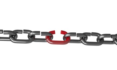 Obraz premium Red weakest link in steel chain