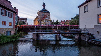 Fototapeta na wymiar Town Hall, Altes Rathaus, and the Regnitz river in Bamberg