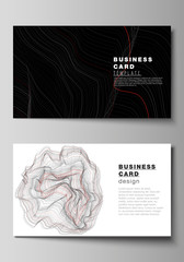 The minimalistic abstract vector illustration of the editable layout of two creative business cards design templates. 3D grid surface, wavy vector background with ripple effect.