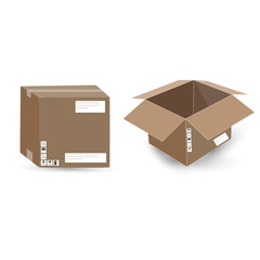 Empty open and closed cardboard box. Vector illustration.