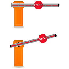 Open, closed parking barrier car barrier gate with stop sign isolated on transparent background. Art design street, road, stop, border.