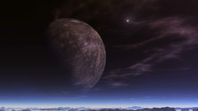 UFO Flies Away From a Huge Moon. On a dark starry sky big moon.  Slowly floating clouds and sun. Bright object quickly flies away from the moon. Below them is a rocky desert covered with blue fog. 