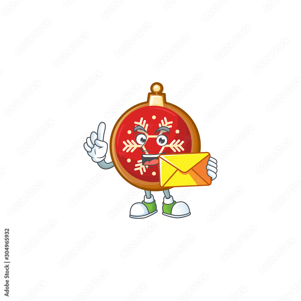 Wall mural happy face red christmas ball mascot cartoon style with envelope.