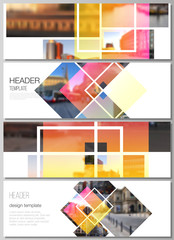 The minimalistic vector illustration of the editable layout of headers, banner design templates. Creative trendy style mockups, blue color trendy design backgrounds.