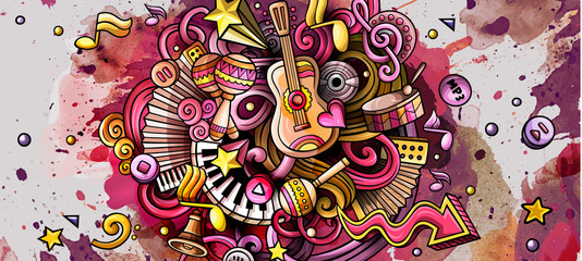 Music hand drawn doodle banner. Cartoon detailed illustrations.