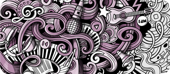 Music hand drawn doodle banner. Cartoon detailed illustrations.