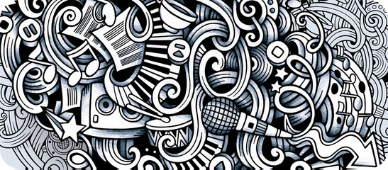 Music hand drawn doodle banner. Cartoon detailed illustrations.
