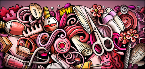 Fototapeta premium Nail salon hand drawn doodle banner. Cartoon detailed illustrations.