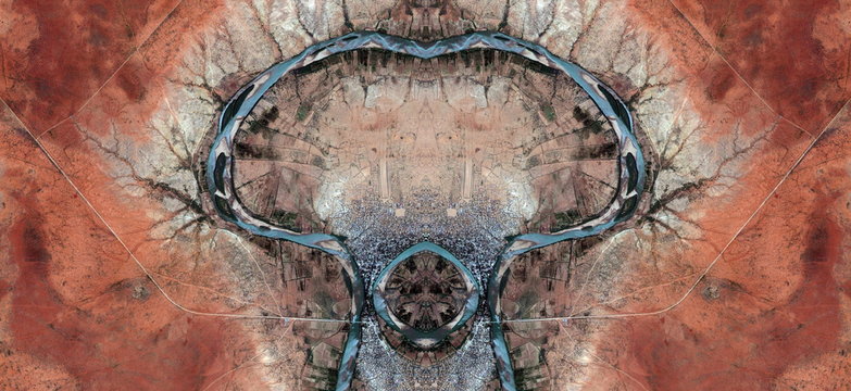 the eraserhead,  abstract symmetrical photograph of the deserts of Africa from the air, aerial view, abstract expressionism, mirror effect, symmetry, kaleidoscopic