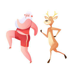 Fototapeta na wymiar Vector funny santa and reindeer doing sport