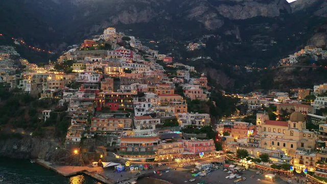 Aerial view of Positano at sunset on the stunning Amalfi Coast, Italy