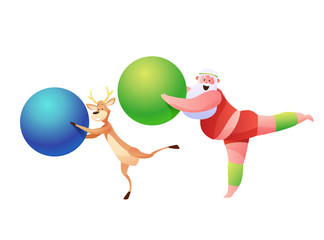 Vector funny santa and reindeer doing sport