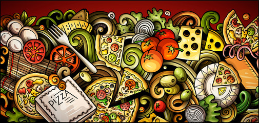 Pizza hand drawn doodle banner. Cartoon detailed flyer. - obrazy, fototapety, plakaty