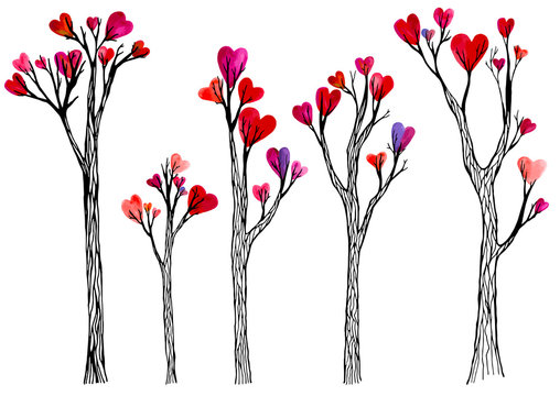 Trees with hearts Valentine's day vector illustration watercolor love contour