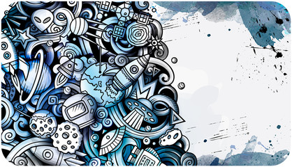 Space hand drawn doodle banner. Cartoon detailed illustrations.