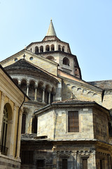 Fototapeta premium The medieval city of Bergamo, a UNESCO World Heritage Site. In the old town, the Santa Maria Maggiore church. Mostly built in the 13th and 14th centuries. A Romanesque, historical monument.